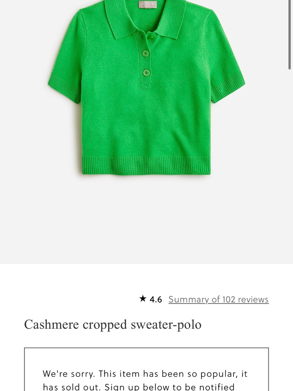 J. Crew Bright Green Cashmere Crop Polo